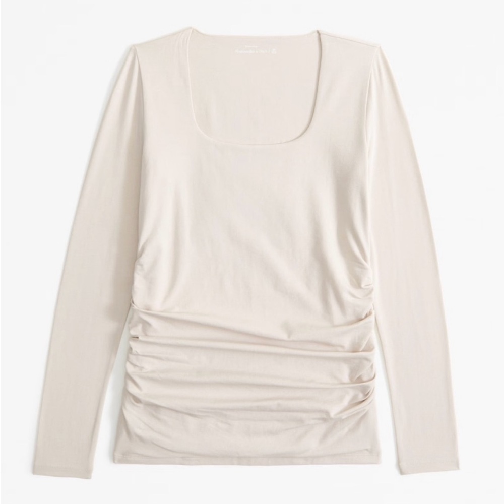 Abercrombie & Fitch Cream Long-Sleeve Ruched Scoop Neck Top